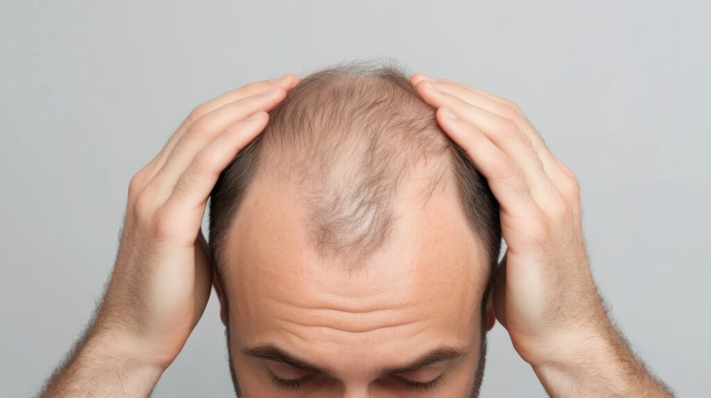 Man showing signs of hair loss while holding his head in contemplation in a neutral background during daylight